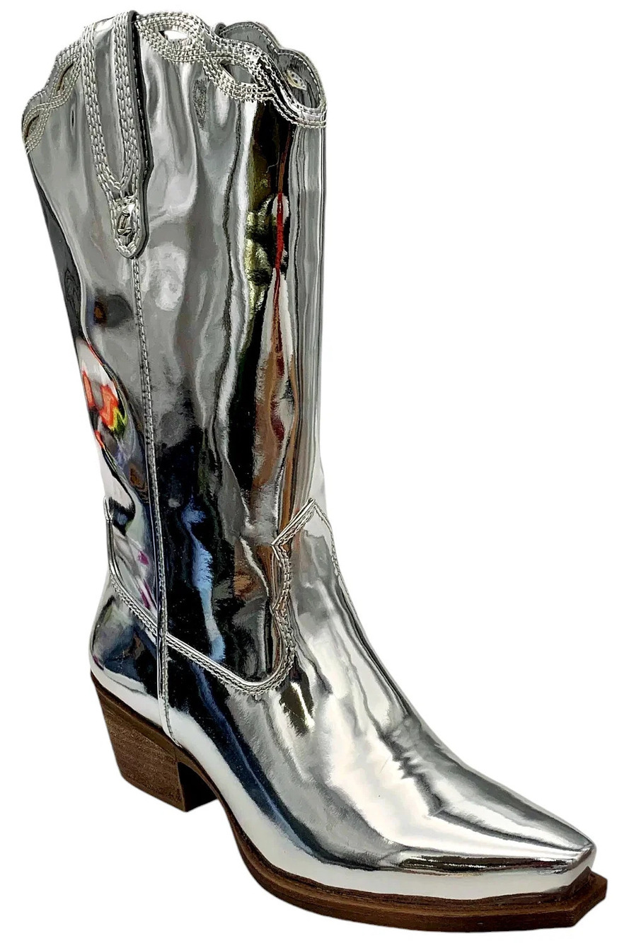 Circus NY Women's Jill Med. Calf Patent Western Boots Silver - Medium